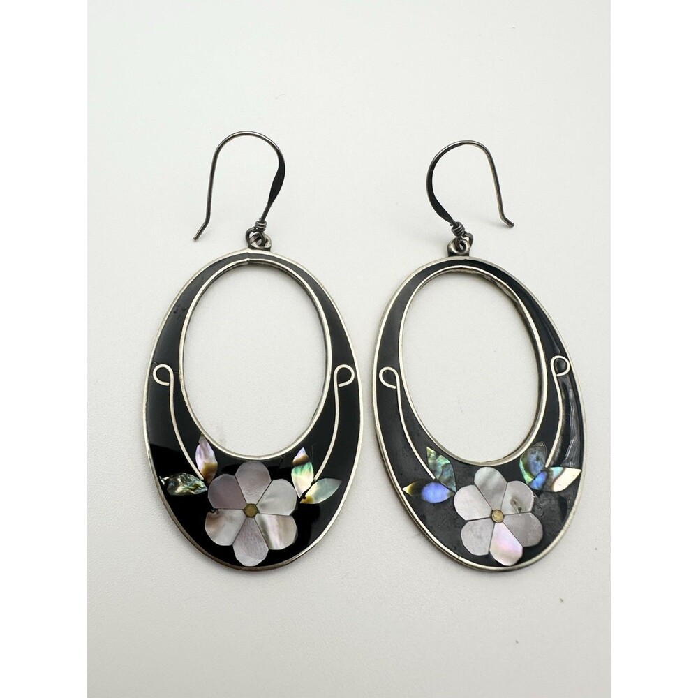 VINTAGE MEXICO ALPACA SILVER MOTHER OF PEARL INLAY DANGLE EARRINGS FLORAL OVAL